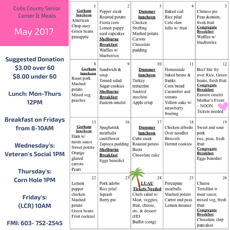 Senior Meals Calendar Menu May 2017 TCCAP